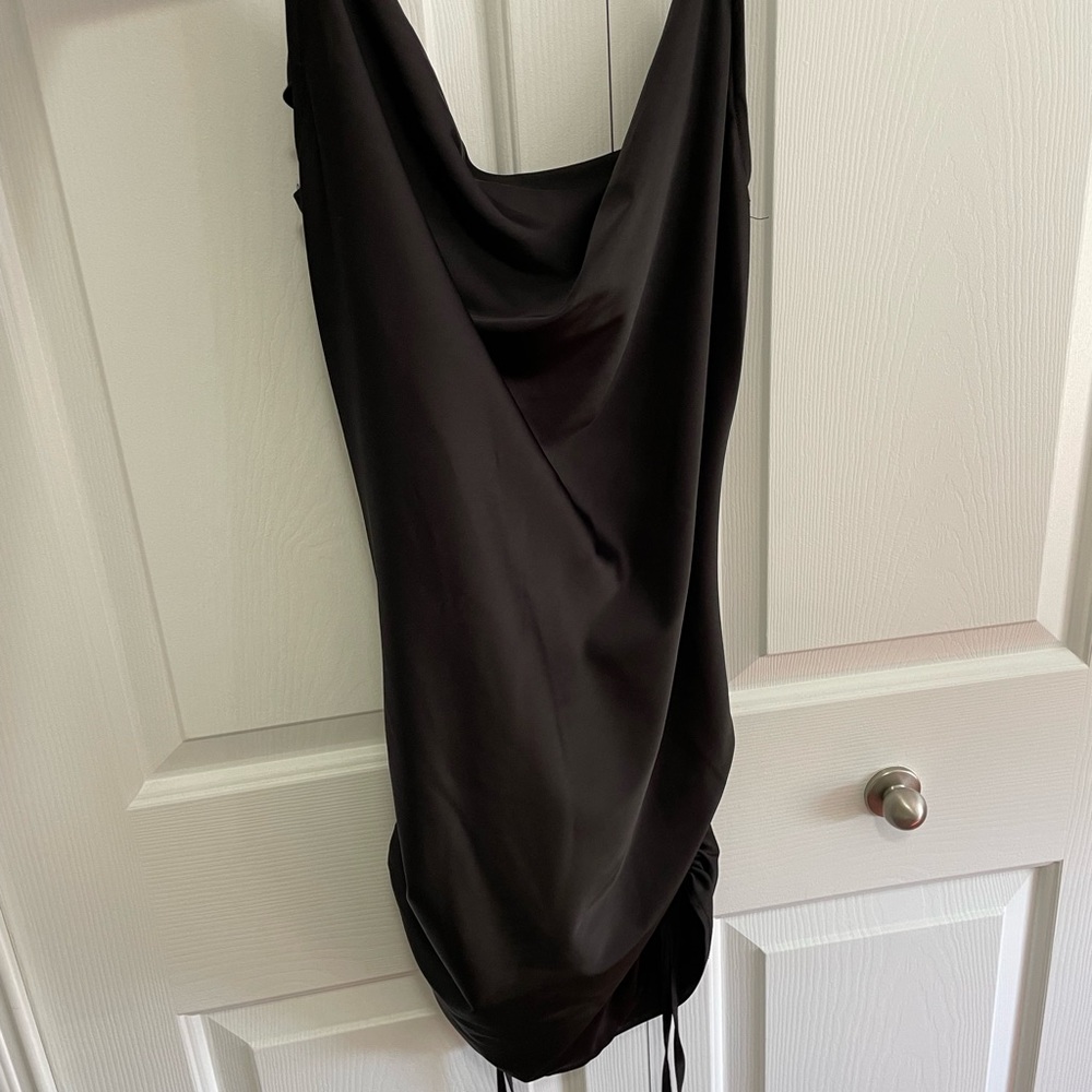 NWT Black satin cowl mini dress